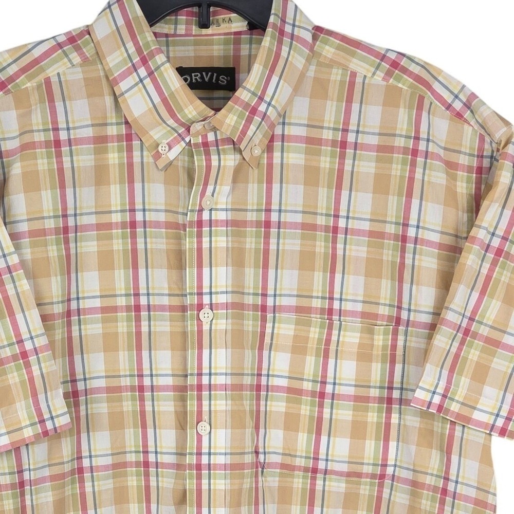 Orvis Button Down Shirt Mens XL Tan Pink Green Plaid Short Sleeve Cotton Casual